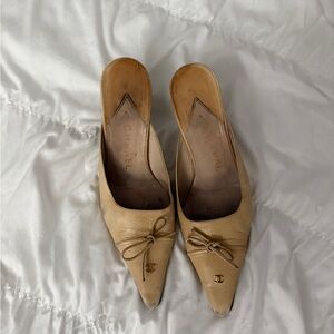 CHANEL Women's Tan Leather Mules with Bow